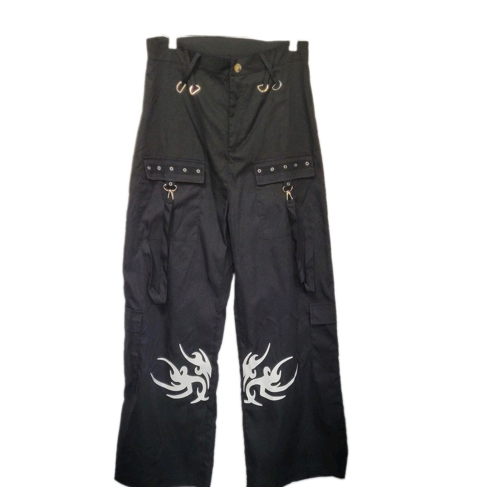 Women's Black Cargo Pants L White Graphic Print Straps D-Rings Zip Pockets